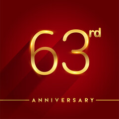 Celebrating of 63rd years anniversary, logotype golden colored isolated on red background, vector design for greeting card and invitation card