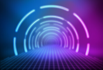 Color tunnel channel space constructed by glowing neon light lines.