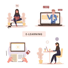 Online education. Flat design concept of training and video tutorials. Student learning at home. Vector illustration for website banner, marketing material, presentation template, online advertising.