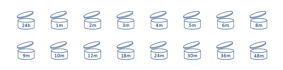 Expiration period symbols. PAO icons of cosmetic open life shelf. Package sign for label of product. Period of validity after opening. Useful lifetime isolated on white background.
