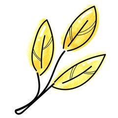 vector element, cute watercolor abstract branch with yellow leaves with black outline in scandinavian style, botanical element