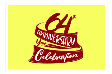64 year anniversary Red Ribbon, minimalist logo, greeting card. Birthday invitation. Red space vector illustration on yellow background - Vector
