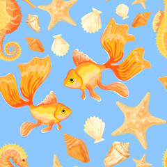 Goldfish, starfish, shells and Sea Horse. Seamless pattern with the image of fish. Imitation of watercolor. Isolated vector illustration.