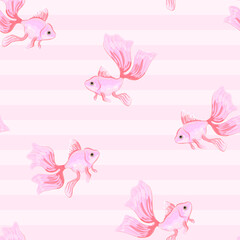 Pink goldfish. Seamless pattern with the image of fish. Imitation of watercolor. Isolated vector illustration.