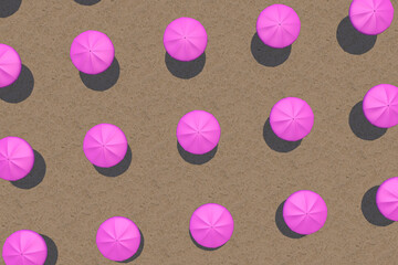 3D rendering of summer concept.  Purple beach umbrella pattern on sand background, Sunlight, travel. Top view. Border closure, travel restrictions. Copy space. Minimal summer pattern.