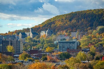 View of the part of the ascent of mount Royal, which is closer to Down Town, taken on a long lens from the side of the Plateau area from the 10th floor. Colourful trees around mount Royal