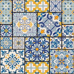 Seamless colorful patchwork tile with Islam, Arabic, Indian, ottoman motifs. Majolica pottery tile. Portuguese and Spain azulejo. Ceramic tile in talavera style. Vector illustration. - obrazy, fototapety, plakaty