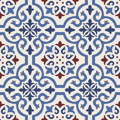 Seamless Damask pattern. Majolica pottery tile, blue, brown and gray azulejo, original traditional Portuguese and Spain decor. Seamless tile with Islam, Arabic, Indian, Ottoman motifs