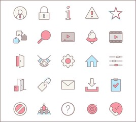 Set of Interface Related Vector Line Icons. Contains such Icons as User, Search, Info, Star, Bell, Door, Settings, Lock, Alert, Gear and more. Editable Stroke. 32x32 Pixel Perfect