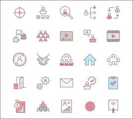 Set of People Management Related Vector Line Icons. Contains such Icons as Target, Puzzle, Certificate, Personal data processing, Task Manager, Qualification, Head Hunting and more. Editable Stroke