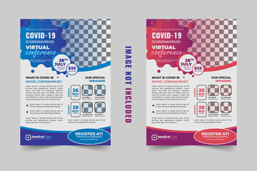 Coronavirus and Covid 19 virtual Conference Flyer Template Design with a4 size,Flyer design for Covid-19 Coronavirus concept, COVID-19 dangerous virus flyer poster brochure