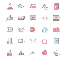 Set of Airport Related Vector Line Icons. Contains such Icons as Globe, Departure, Plane, Bus, Tickets, Baggage Claim, Calendar, Kit and more. Editable Stroke. 32x32 Pixels.