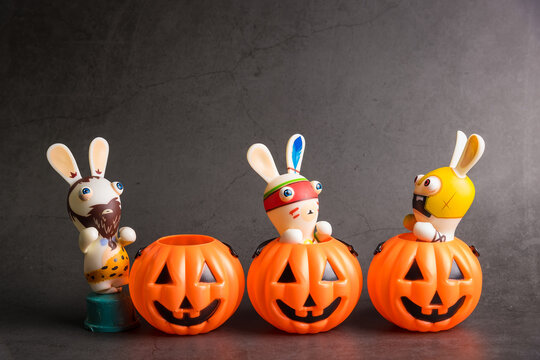 Bangkok, Thailand - October, 25, 2019  : Halloween pumpkins with Rabbids Invasion.Decorations for Halloween scary beautiful in the holiday season at Bangkok, Thailand