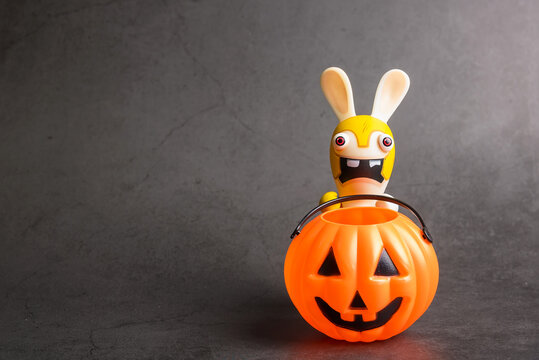 Bangkok, Thailand - October, 25, 2019  : Halloween pumpkins with Rabbids Invasion.Decorations for Halloween scary beautiful in the holiday season at Bangkok, Thailand