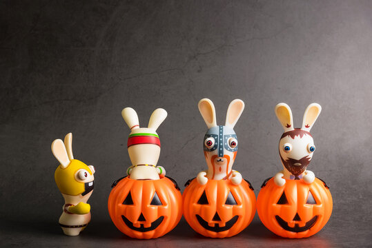 Bangkok, Thailand - October, 25, 2019  : Halloween pumpkins with Rabbids Invasion.Decorations for Halloween scary beautiful in the holiday season at Bangkok, Thailand