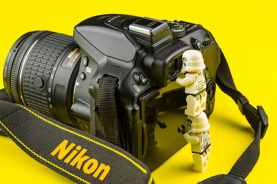 Bangkok, Thailand - March, 31, 2020 : Lego star wars stormtrooper looking into the viewfinder of nikon dslr camera.