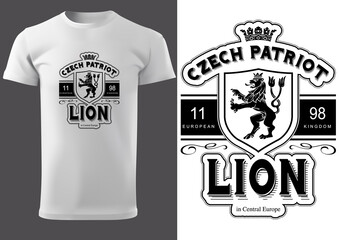 White T-shirt Design with Lettering Czech Patriot Lion - Black and White Graphic Design, Vector Illustration