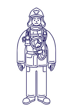 Firefighter with gears. Vector line art illustration.