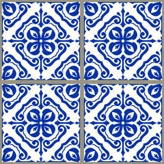 Seamless Damask pattern. Majolica pottery tile, blue, brown and gray azulejo, original traditional Portuguese and Spain decor. Seamless tile with Islam, Arabic, Indian, Ottoman motifs