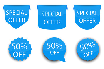 Blue stickers with sale proposal. Badges for product promotion. Vector image.