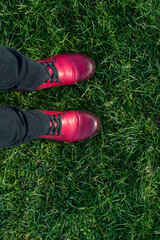 Feet of a woman in red leather shoes and trousers standing on the green grass, top view