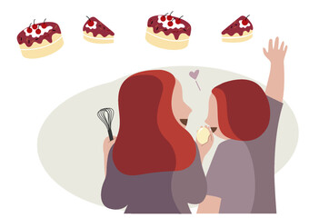 Happy loving family moment.Mother and daughter girl decide to learn how to baking a cake together. and having fun in the kitchen.