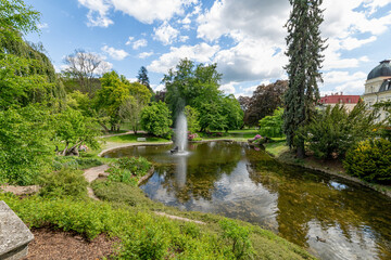 Central spa park with small lake - center of the small west Bohemian spa town Marianske Lazne (Marienbad) - Czech Republic