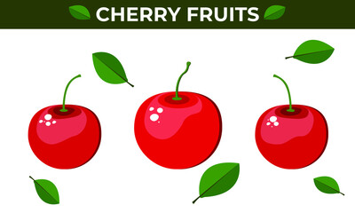 Cherry fruits vector illustrations with green leaves