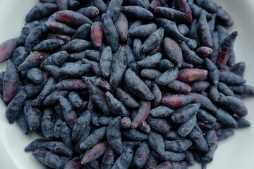 Honeysuckle berries, washed, ready to eat, macro photo