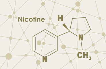 Chemical molecular formula of nicotine. Connected lines with dots background