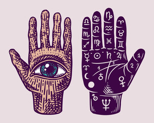 Mystical magic palmistry. Esoteric or alchemy occult sketch for tattoo. Fate in the palm of your hand. Hand Drawn Engraved illustration.