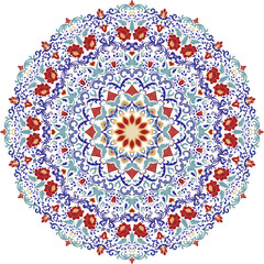 Floral hand drawn Mandala. Turkish motif. Round colorful floral ornament in traditional Oriental pattern. Isolated decorative element for card design, t-shirt print, ceramic tile.
