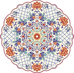 Floral hand drawn Mandala. Turkish motif. Round colorful floral ornament in traditional Oriental pattern. Isolated decorative element for card design, t-shirt print, ceramic tile.