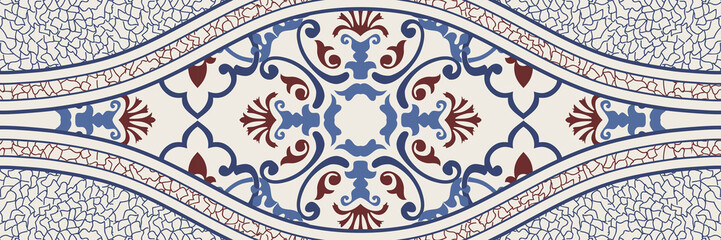 Majolica pottery tile, blue, brown and gray azulejo, original traditional Portuguese and Spain decor. Seamless border with Victorian motives. Vector illustration.