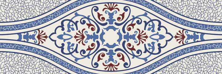 Majolica pottery tile, blue, brown and gray azulejo, original traditional Portuguese and Spain decor. Seamless border with Victorian motives. Vector illustration.