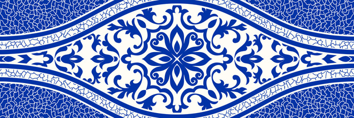 Majolica pottery tile, blue and white azulejo, original traditional Portuguese and Spain decor. Seamless border with Victorian motives. Vector illustration