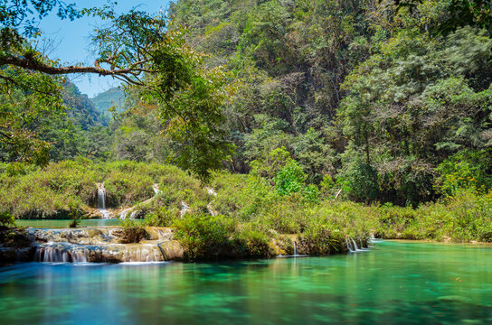 Long exposure photograph of the Semuc Champey Cascades along the Cahabon river, Peten Rainforest, Guatemala. 