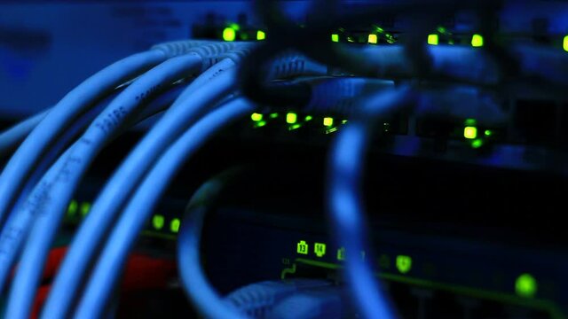 Working Ethernet switch close up. Blinking LED. 10/100/1000 Mpbs speed. Fully loaded and working fast. Top technology clip.