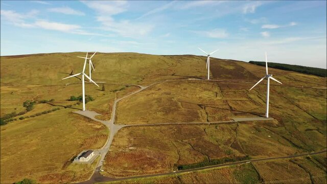 Aerial footage of wind turbine farm at Lough Fea northern ireland