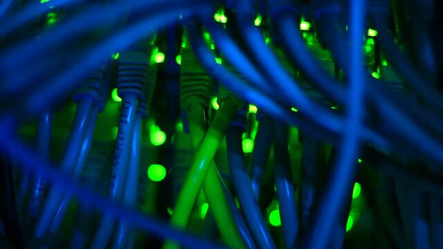 Working Ethernet switch close up. Blinking LED. 10/100/1000 Mpbs speed. Fully loaded and working fast. Top technology clip.