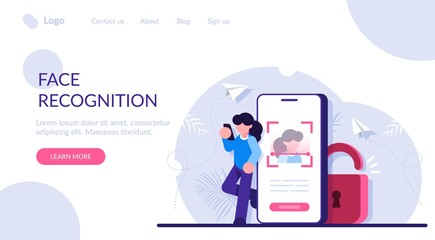 Concept of Face ID technology, biometric authentication, facial recognition system, information protection. Woman uses a mobile phone. Modern flat vector illustration.