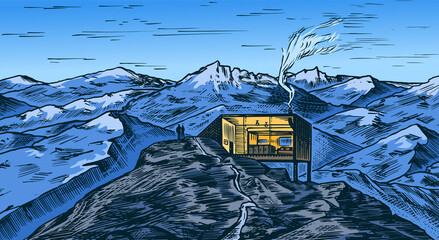Mountain landscape background. Alpine peaks and cabin. Vintage Mount and valley. Travel concept. Hand drawn engraved sketch for outdoor posters, climbing banners, logo or badge.