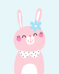Vector Illustration of Cute Cartoon Pink Rabbit on Light Blue Background