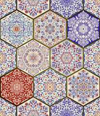 Seamless colorful patchwork in turkish style. Islam, Arabic, Indian, ottoman motifs. Endless pattern can be used for ceramic tile, wallpaper, linoleum, textile, web page background. Vector hand drawn.