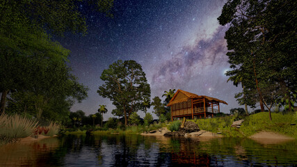 3d rendering Beautiful Wooden Hut in the side lake. cottage on forest with full stars on night with milky way