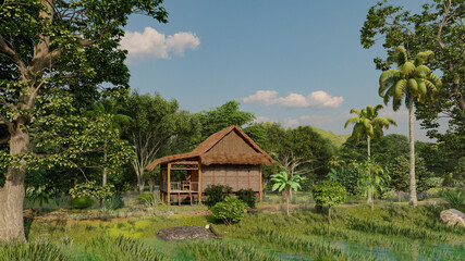 Fototapeta na wymiar 3d rendering Beautiful Wooden Hut in the countryside. dirt road and paddy field on countryside