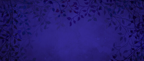 Deep blue background with dark leaves and ivy vines in elegant border design with paint texture, dark fancy nature frame pattern with copyspace for adding white or light text © Arlenta Apostrophe