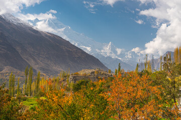 Beautiful autumn season in Hunza valley surrounded by Karakoram mountains range, Gilgit Baltistan, Pakistan