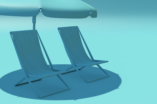 3D rendering of summer concept. Turquoise chaise lounges and umbrella on turquoise background, Sunlight, travel. No vacation this summer. Border closure, travel restrictions. Copy space.