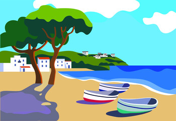 Mediterranean landscape with white town and fishing boats flat style vector illustration. beautiful spanish coast village  © iuliia